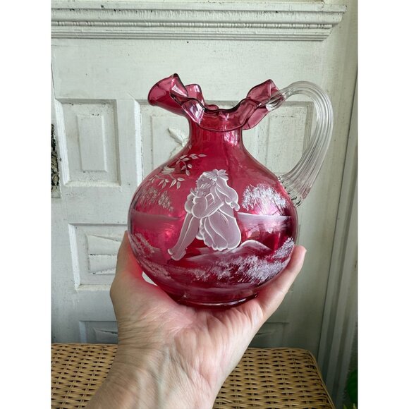 Vintage 90's Fenton Cranberry Ruffle Pitcher Mary Gregory Little Girl - Picture 11 of 11